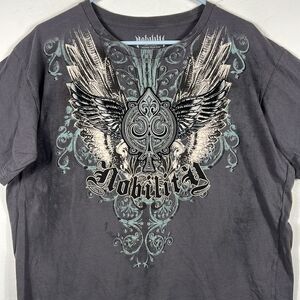 🔥🔥 NOBILITY Affliction Y2K Dark Gray Graphic Grunge Tee Men Size XL - EXCELLEN